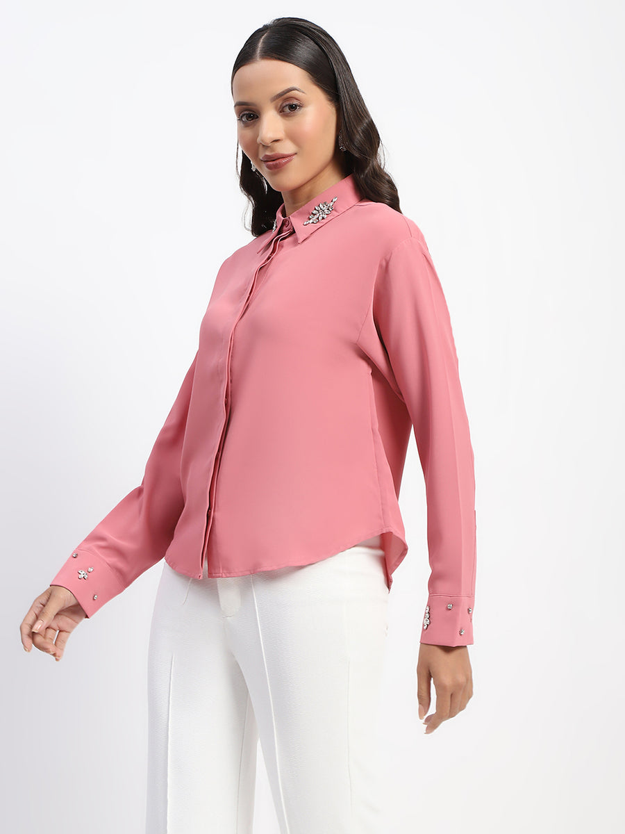 Madame Collar And Sleeve Embellished Dusty Pink Shirt