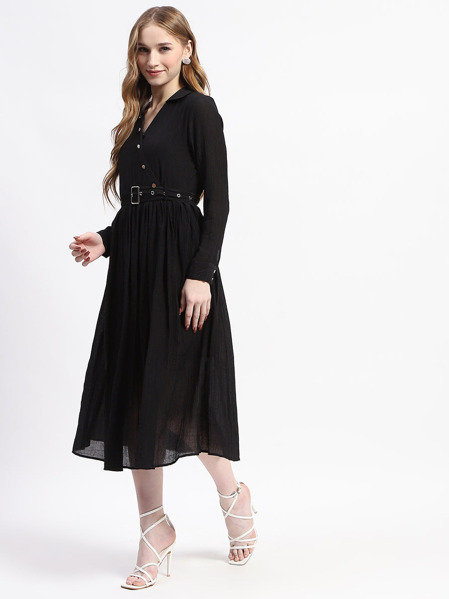 Madame Pleated Cotton Blend Black Shirt Dress