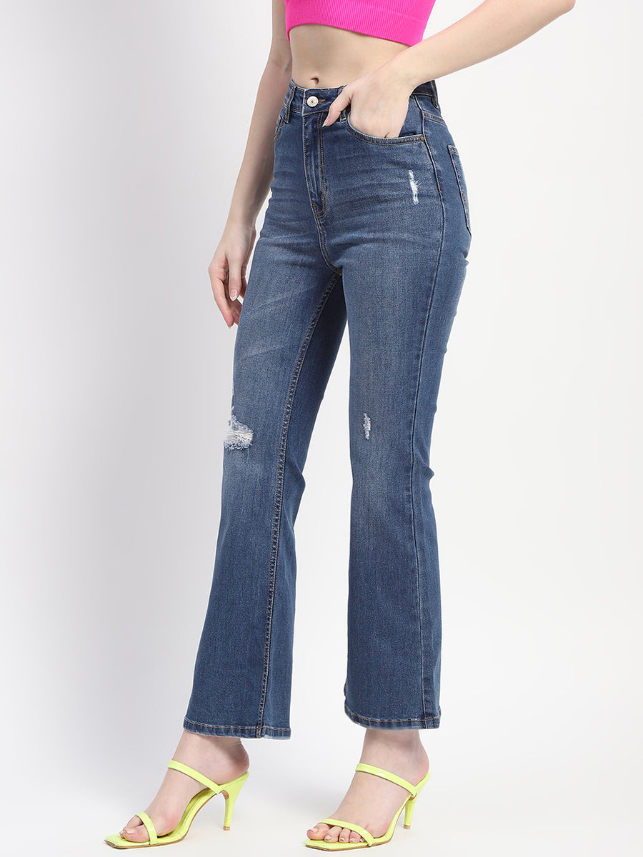 Madame Whiskered Ripped Bootcut Blue Denim