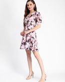 Madame Floral Print Puff Sleeve Mauve Mini Rayon Blend Dress