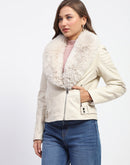 Madame Shanaya Kapoor Off White Faux Fur Trim Leather Jacket