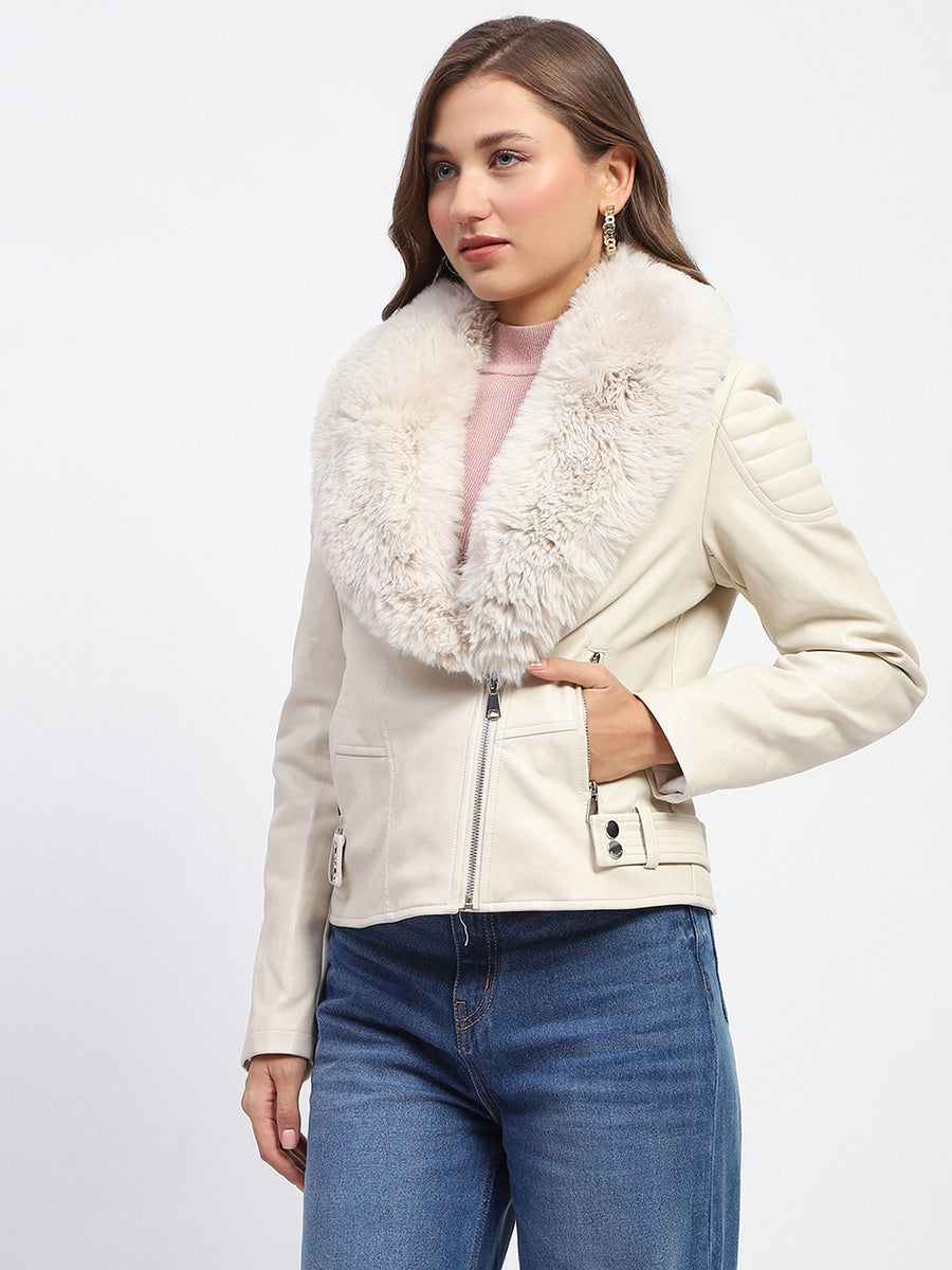 Madame Shanaya Kapoor Off White Faux Fur Trim Leather Jacket