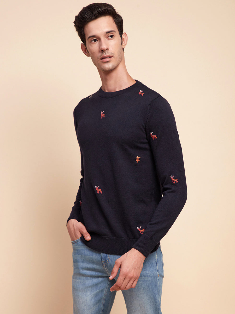 Camla Barcelona Embroidered Crew Neck Navy Sweater