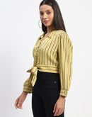 Madame Self Belted Waist Striped Yellow Shirt