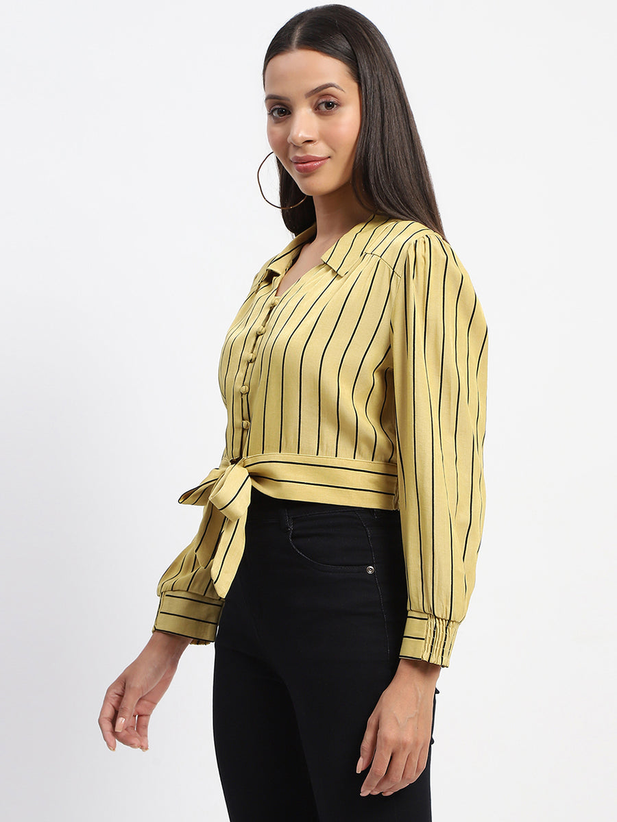 Madame Self Belted Waist Striped Yellow Shirt