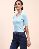 Camla Barcelona Ribbed Collared V Neck Skinny Fit Blue T-shirt