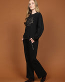 mSECRET Fleece Patch Embroidered Foil Printed Black Night Suit