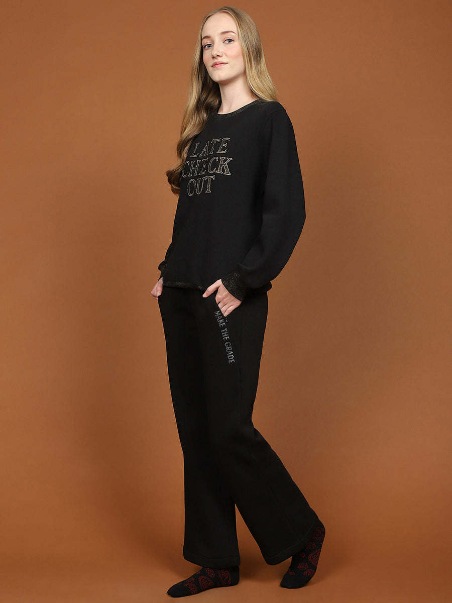 mSECRET Fleece Patch Embroidered Foil Printed Black Night Suit