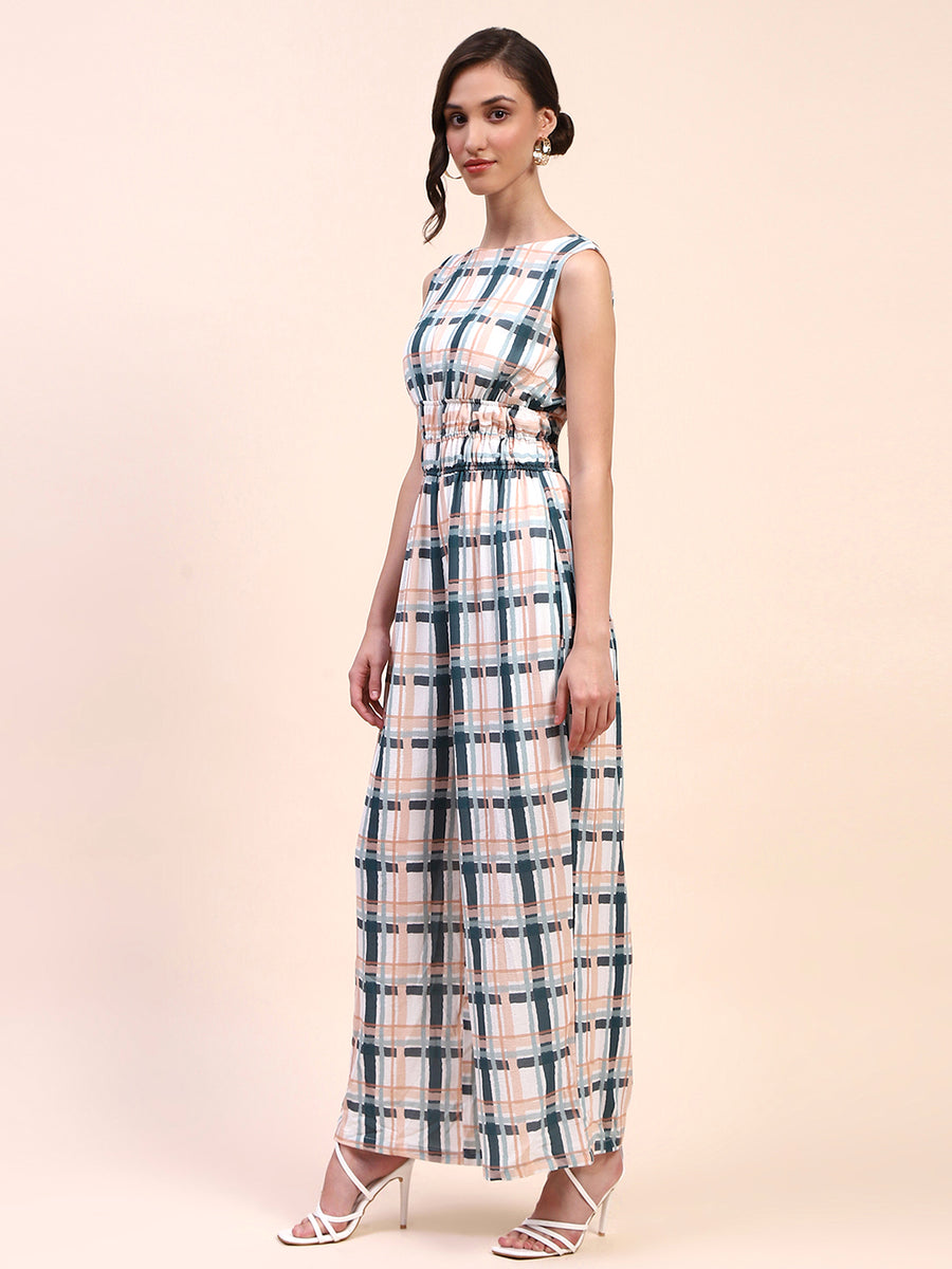 Camla Barcelona Checkered Cinch Waist Sleeveless Off White Jumpsuit