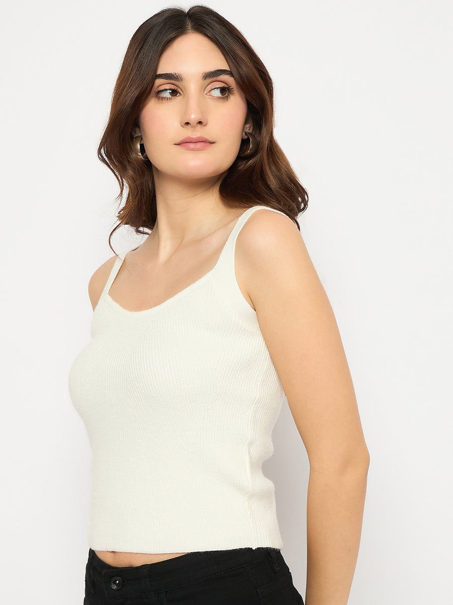 Madame Sleeveless Solid Off White Sweater