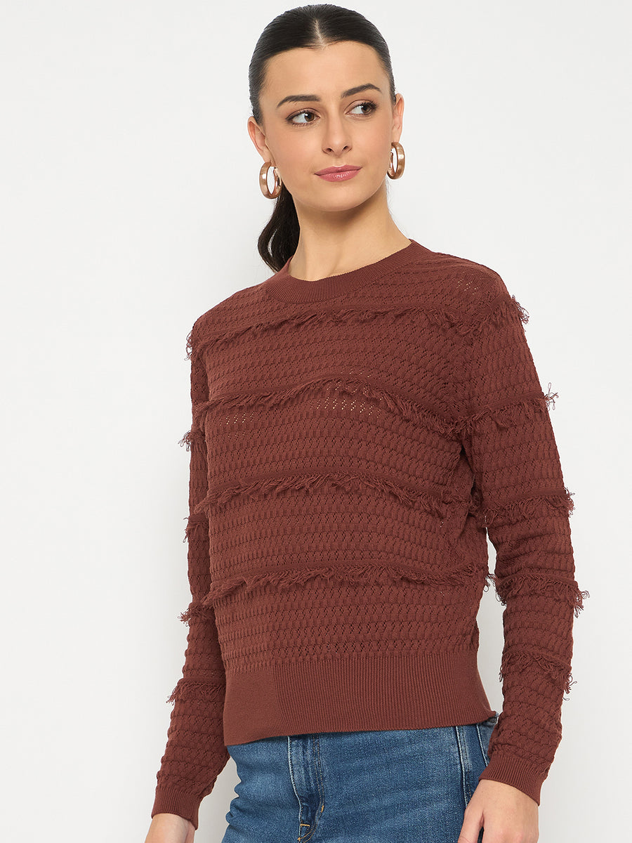 Madame Fringe Textured Chocolate Brown Cotton Sweater