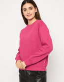 Madame Knitted Self-Textured Hot Pink Sweatshirt