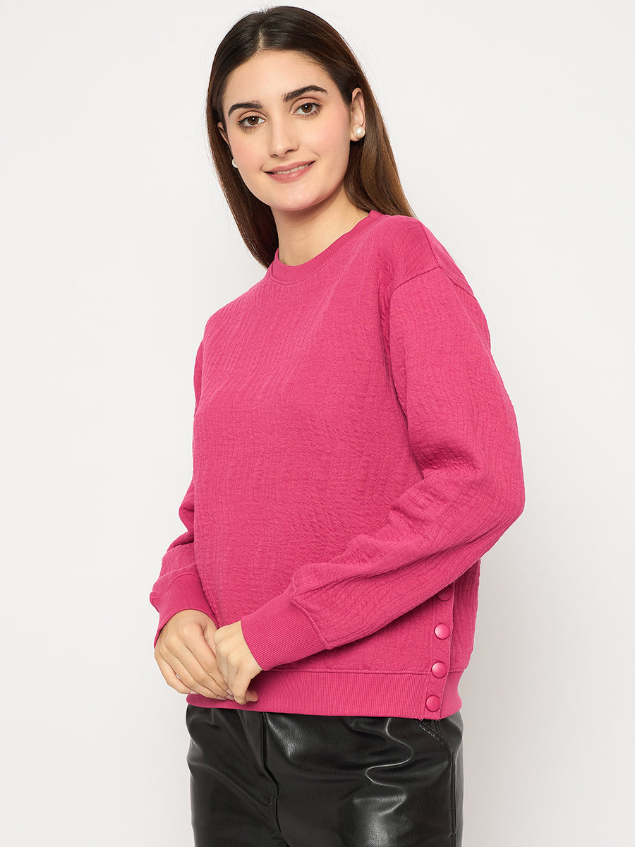 Madame Knitted Self-Textured Hot Pink Sweatshirt