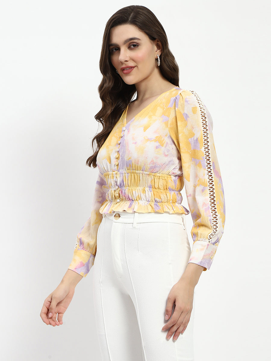 Madame Abstract Print V Neck Smocked Top