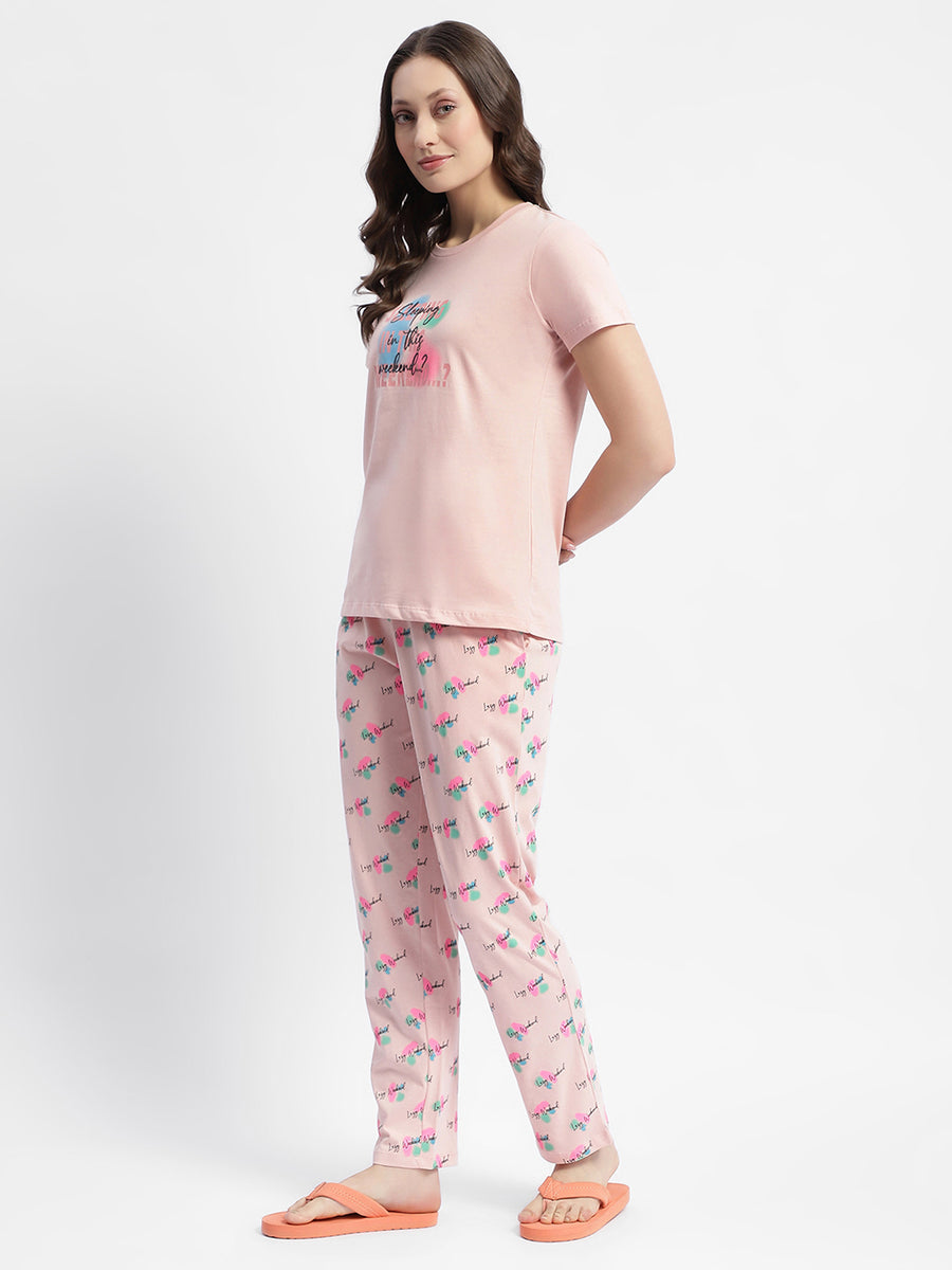 mSECRET Peach Typography Print Cotton Nightsuit Set