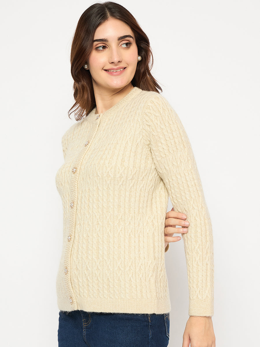 Madame Cable Knit Button Down Beige Cardigan