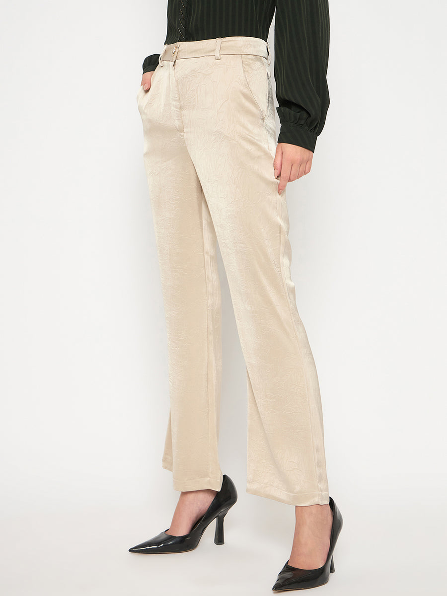 Madame Straight Fit Solid Beige Trousers