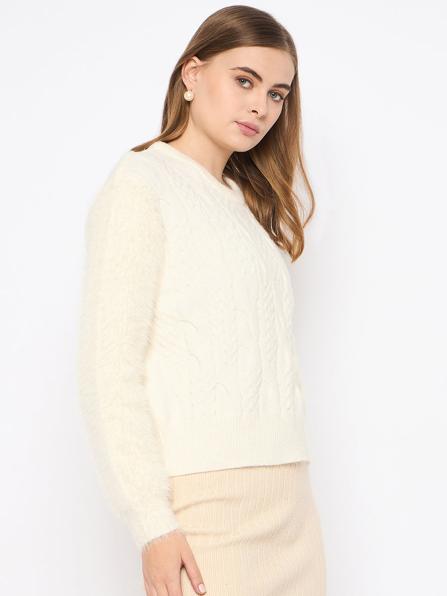 Madame Cable Knit Full Sleeve Off White Sweater