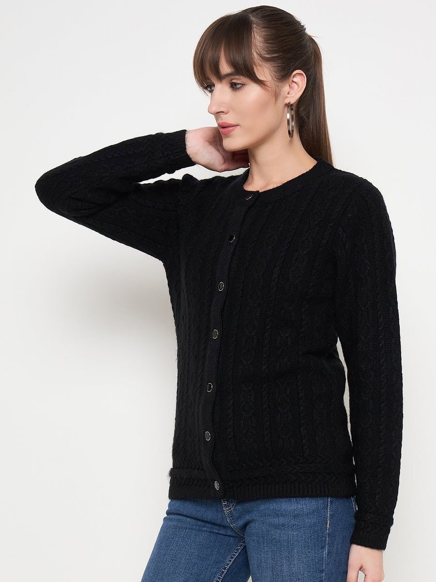 Madame Self Design Crew Neck Black Cardigan