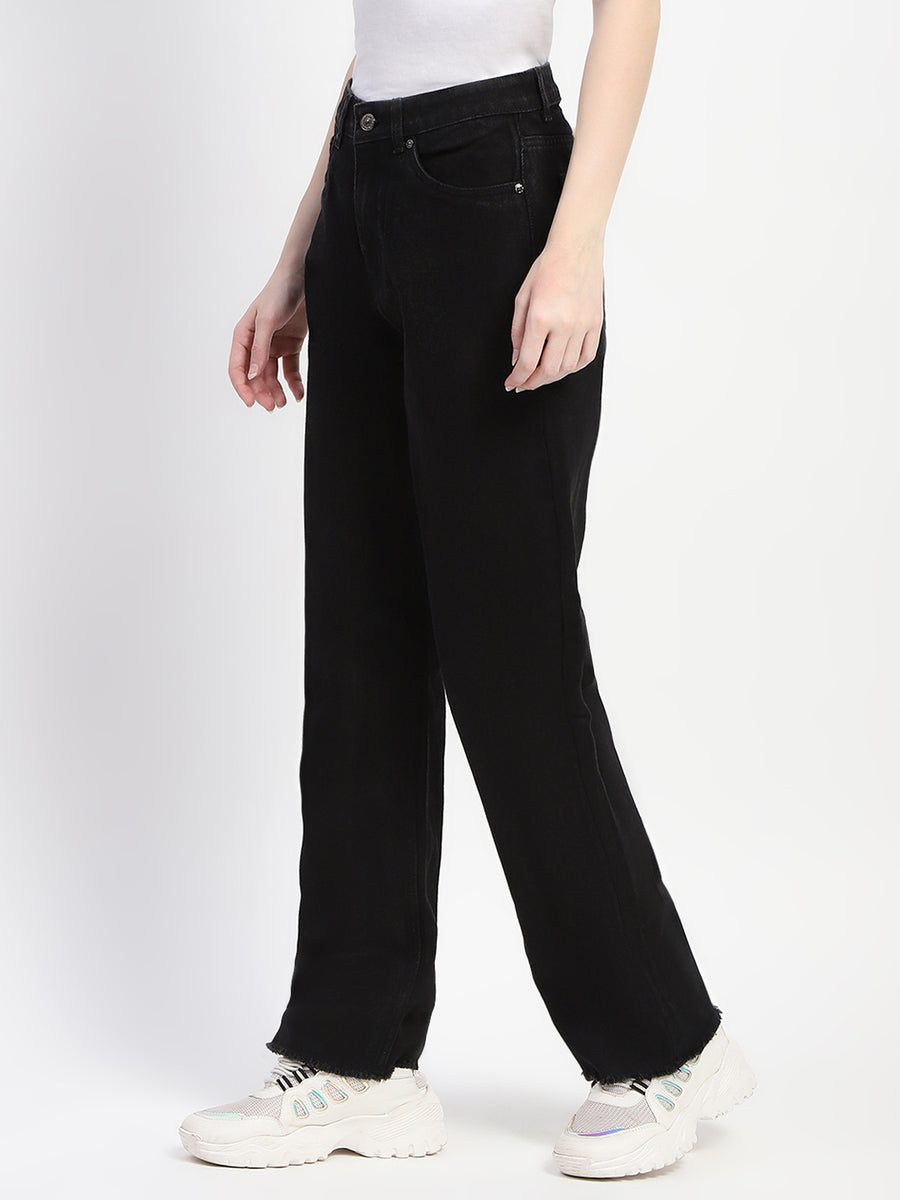 Madame Straight Fit Frayed Hem Solid Black Denim