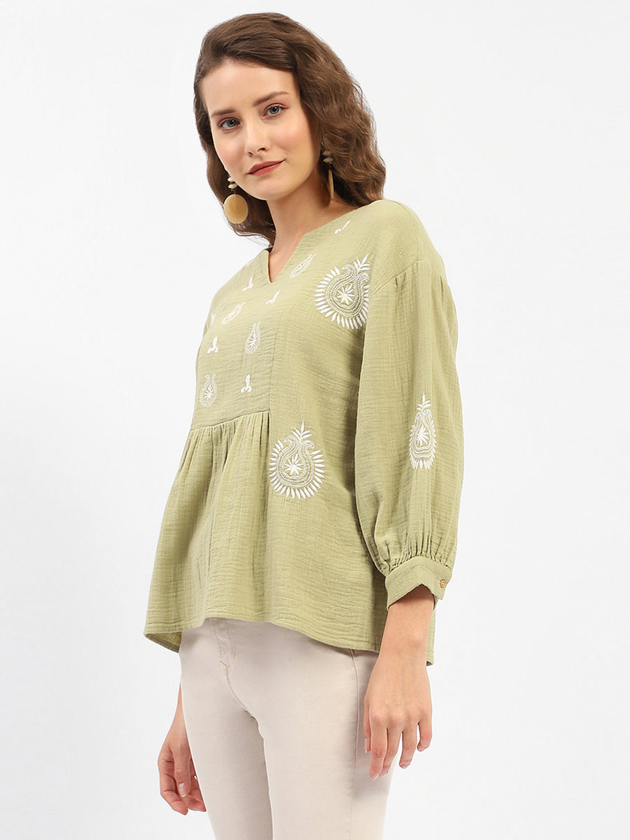 Madame Balloon Sleeve Green Chikankari Work Top