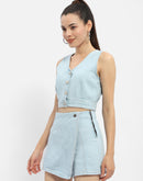 Madame V-Neck Light Blue Denim Crop Top