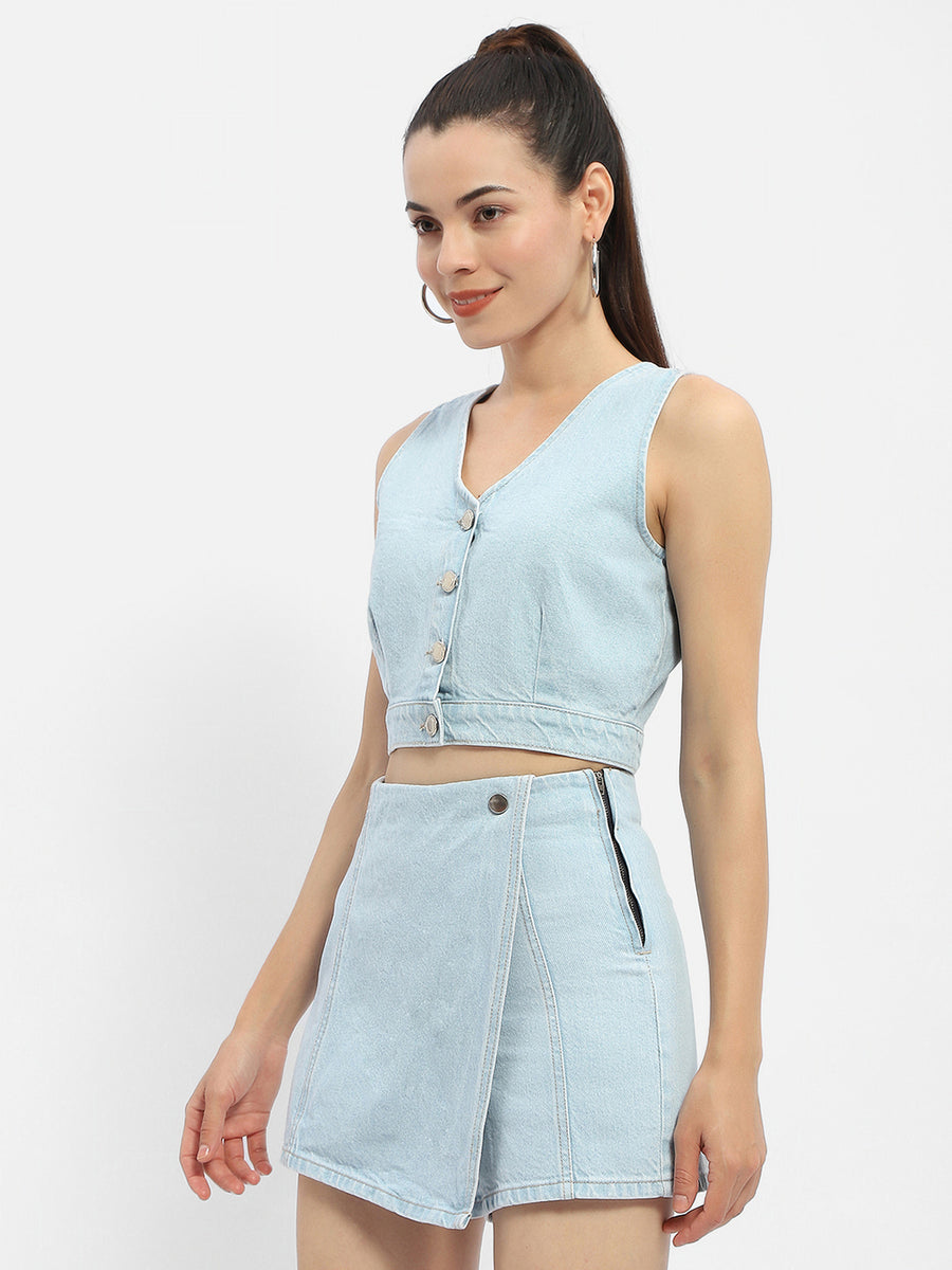 Madame V-Neck Light Blue Denim Crop Top