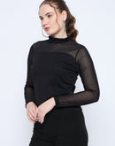 Madame Band Neck Embellished Solid Black Mesh Top