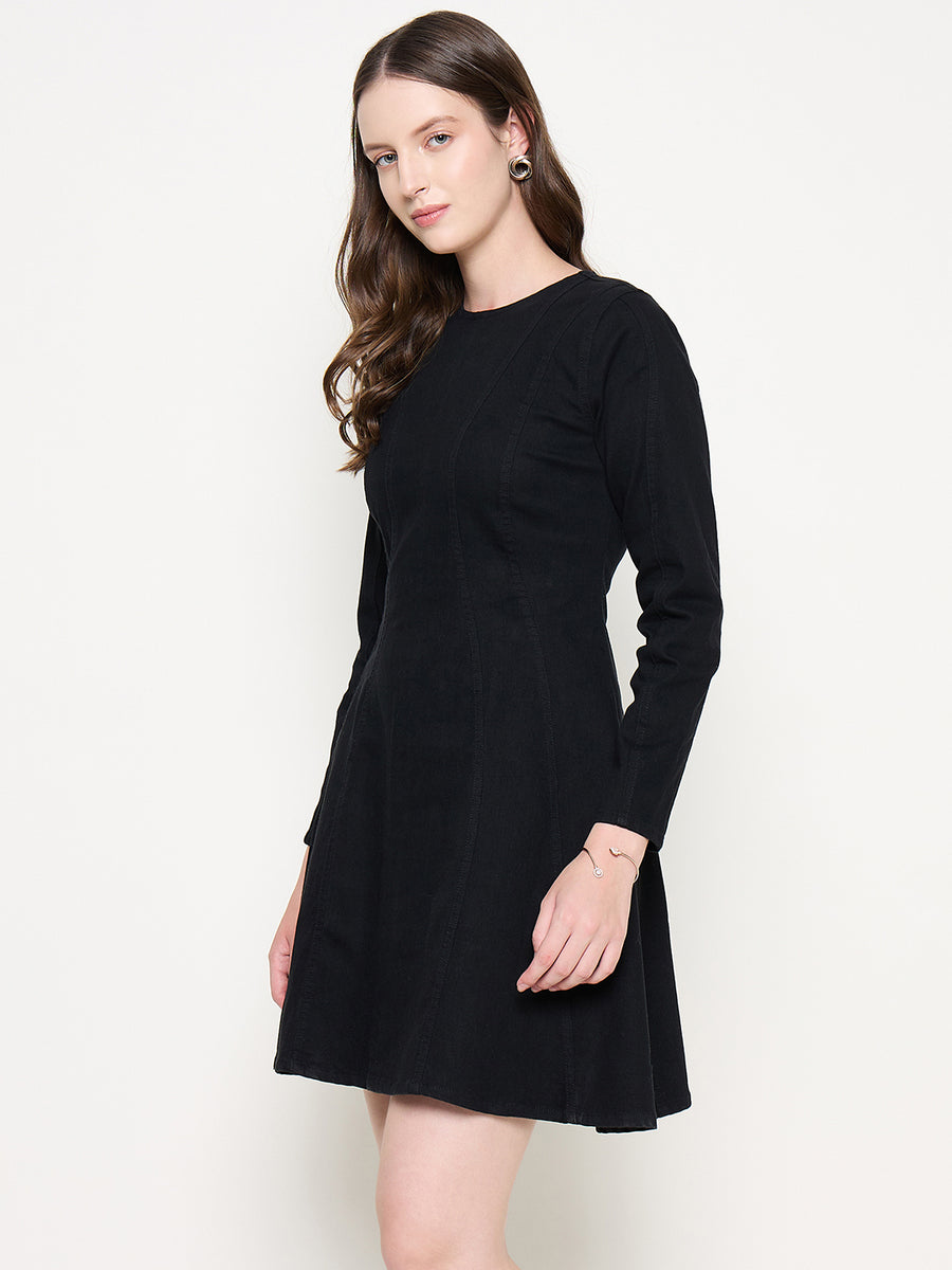 Madame Black A-line Cotton Blend Denim Dress