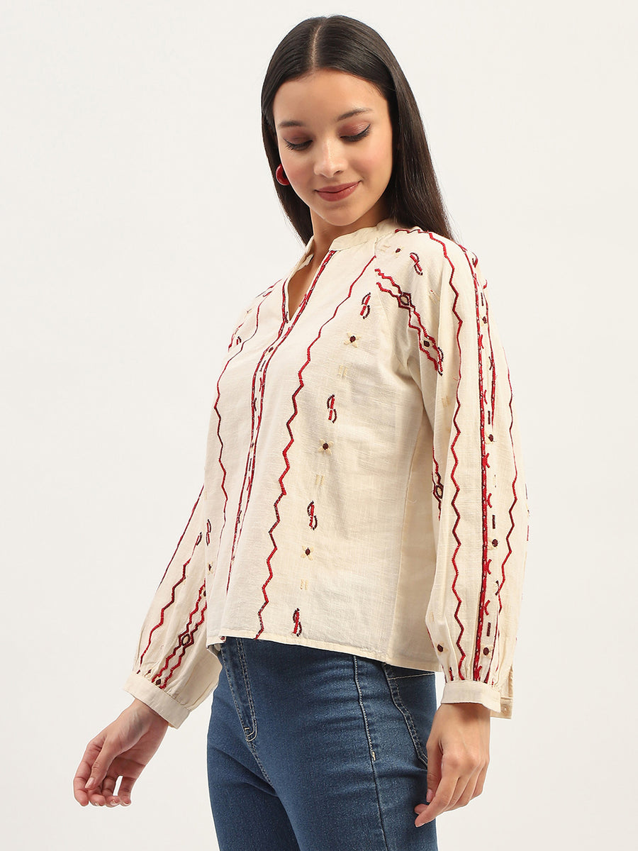 Madame Embroidery Printed Cotton Beige Top