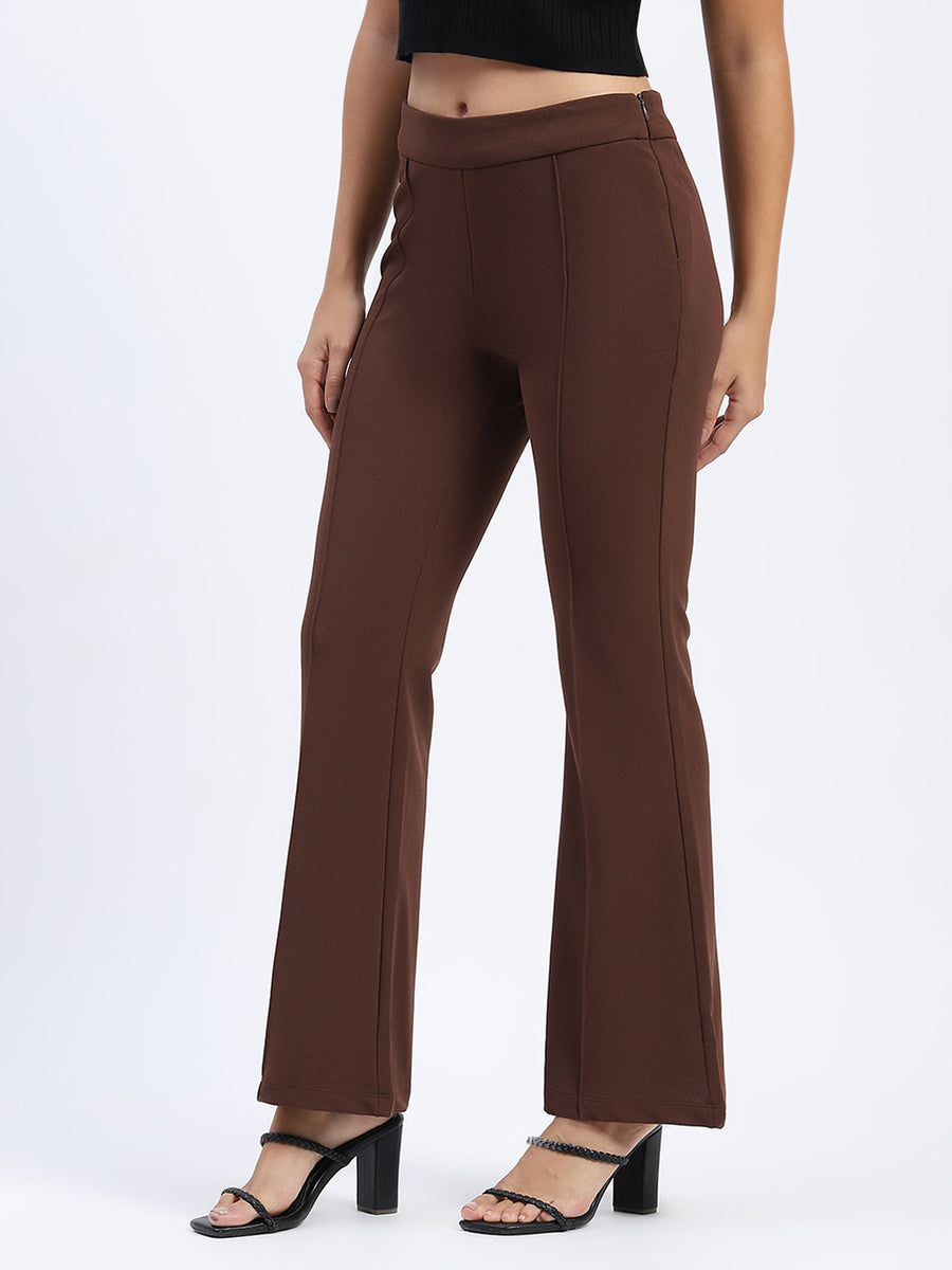 Madame Single Pleated Brown Flared Trousers