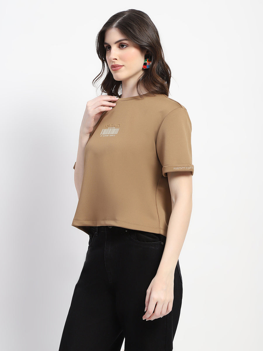 Madame Crew Neck Beige Crop T-Shirt