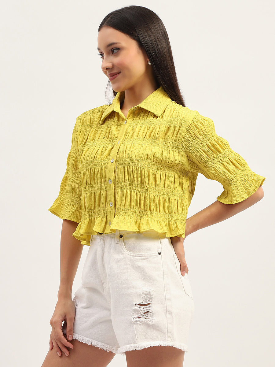 Madame Pleated Detailing Solid Lime Shirt