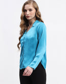 Madame Satin Bell Sleeve Collared Solid Blue Top