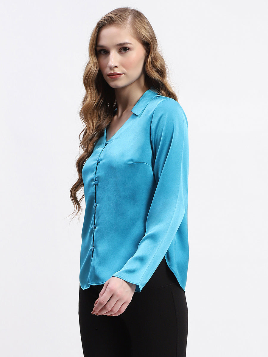 Madame Satin Bell Sleeve Collared Solid Blue Top