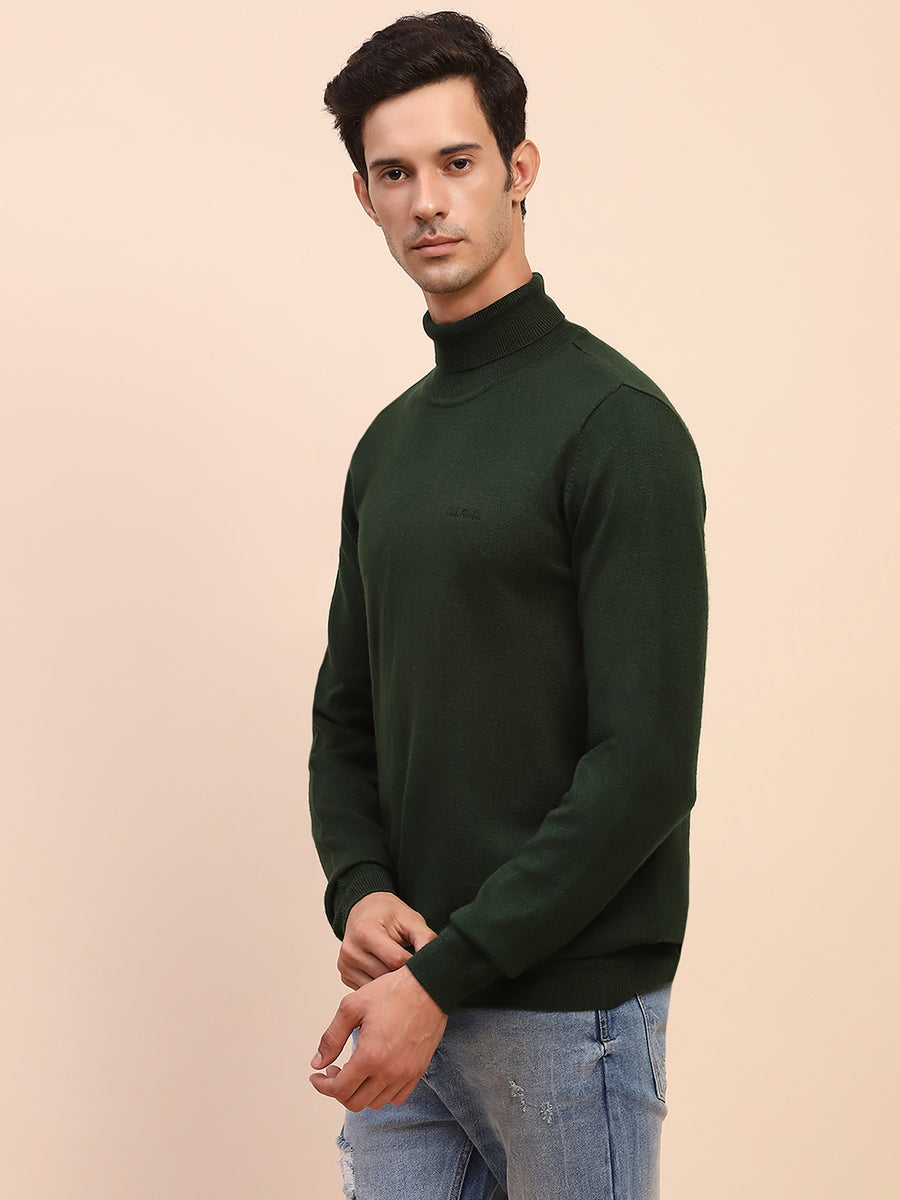 Camla Barcelona High Neck Solid Olive Sweater