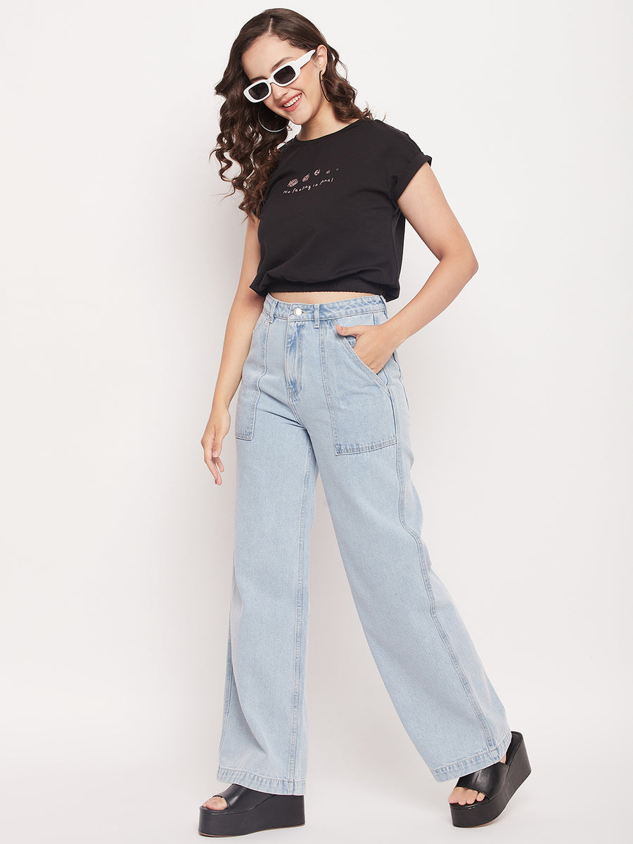 Madame Black Cotton Typography Elasticated Waist Crop Top