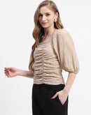 Madame Beige Ruched Top with Puff Sleeves