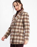 Madame Plaid Lapel Collared Welt Pocketed Beige Coat