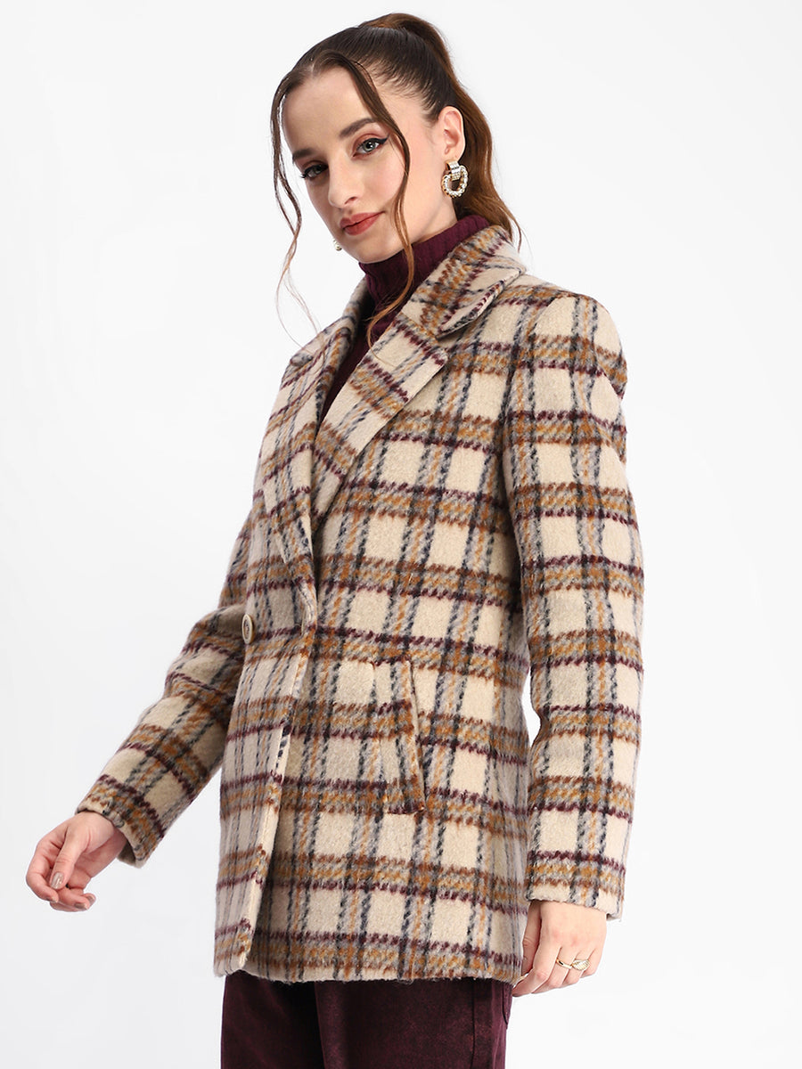 Madame Plaid Lapel Collared Welt Pocketed Beige Coat