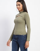 Madame Chest Cutout Green Ribbed Hi Neck Top