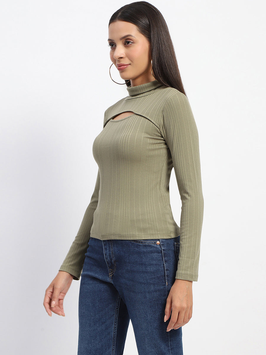 Madame Chest Cutout Green Ribbed Hi Neck Top