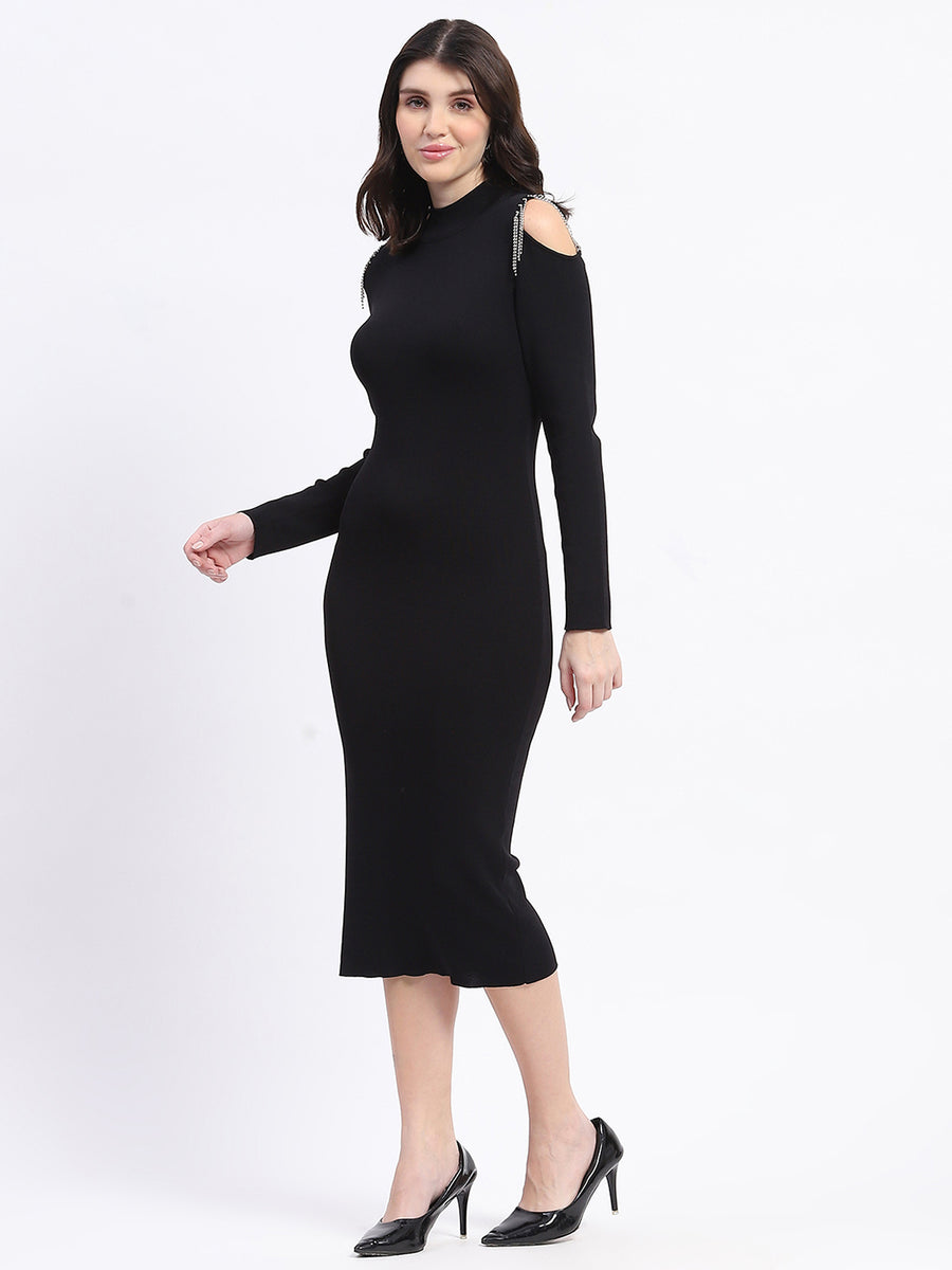 Madame Rhinestone Embellished Cold Shoulder Black Midi Dress