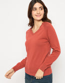 Madame V Neck Skinny Fit Rust Red Sweater