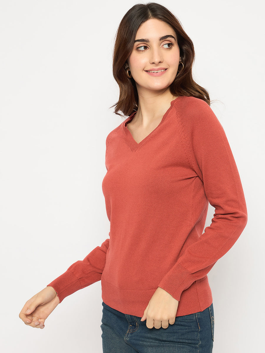 Madame V Neck Skinny Fit Rust Red Sweater