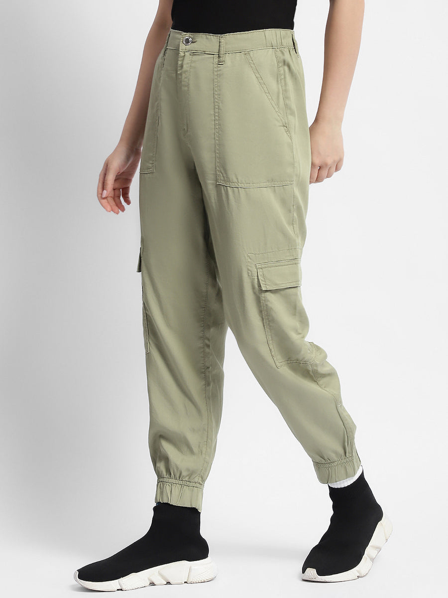 Madame Tapered Fit Olive Green Mid Rise Cargo Joggers