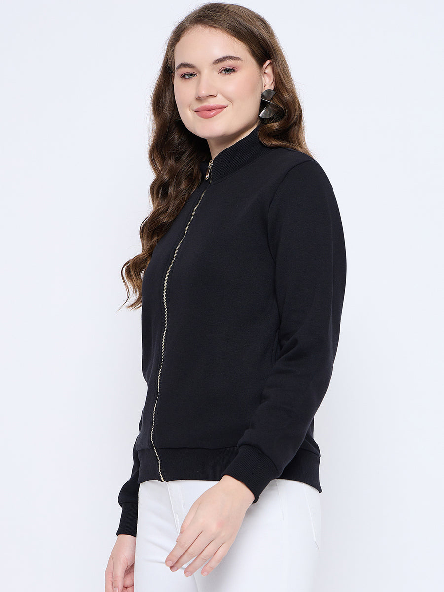 Madame Solid Black Elasticized Waist Gold Zipped Sweatshirt