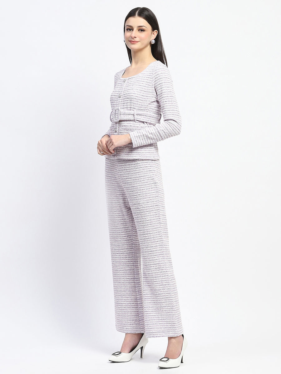 Madame Knitted Buttoned and Belted Top and Bottom Lavender Co-ord Set