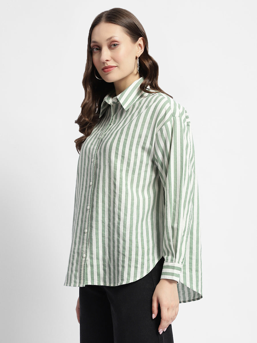 Madame Dusty Green And White Striped Regular Shirt