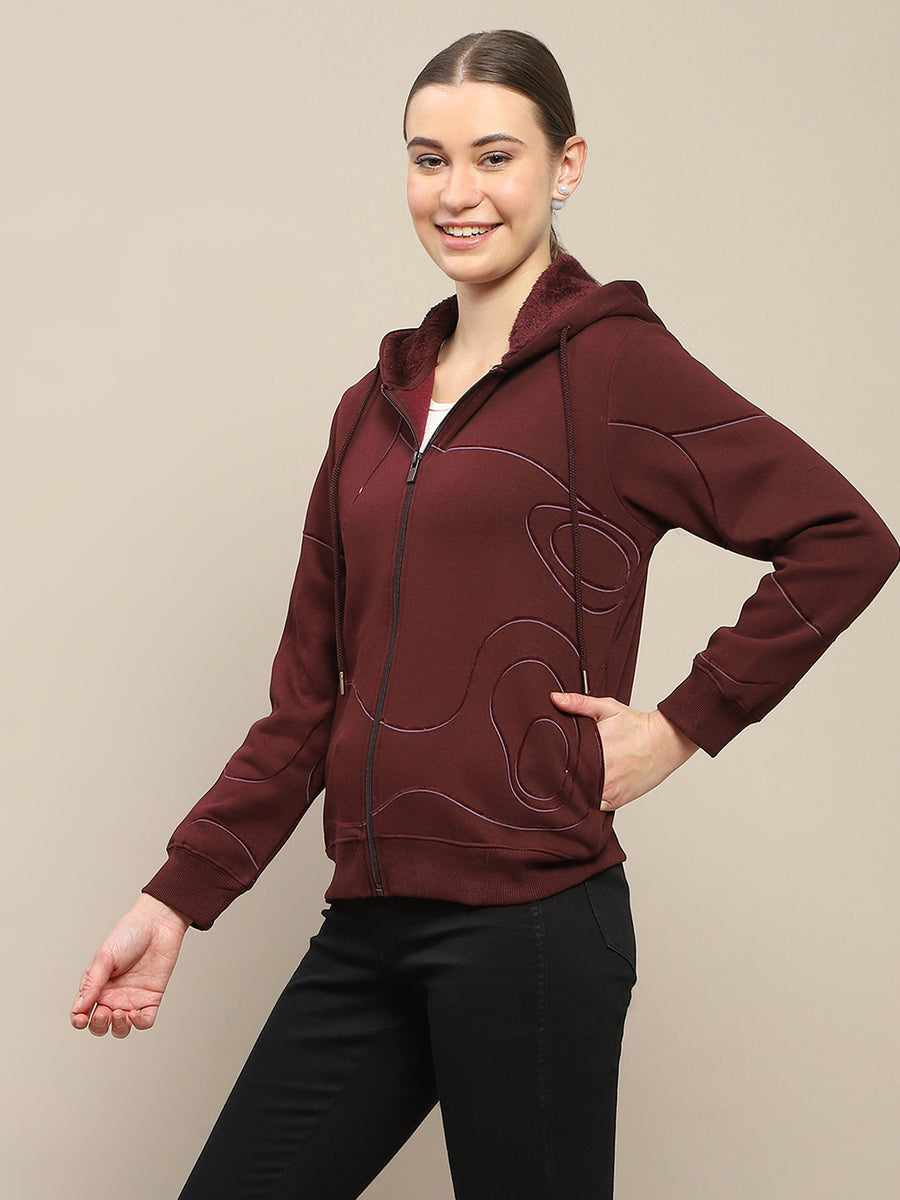 Madame Geometric Print Zipped Wine Hooded Sweatshirt